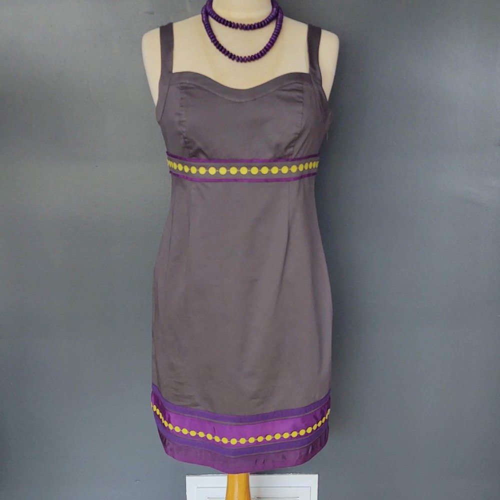 Gray sundress with felt and ribbon trim